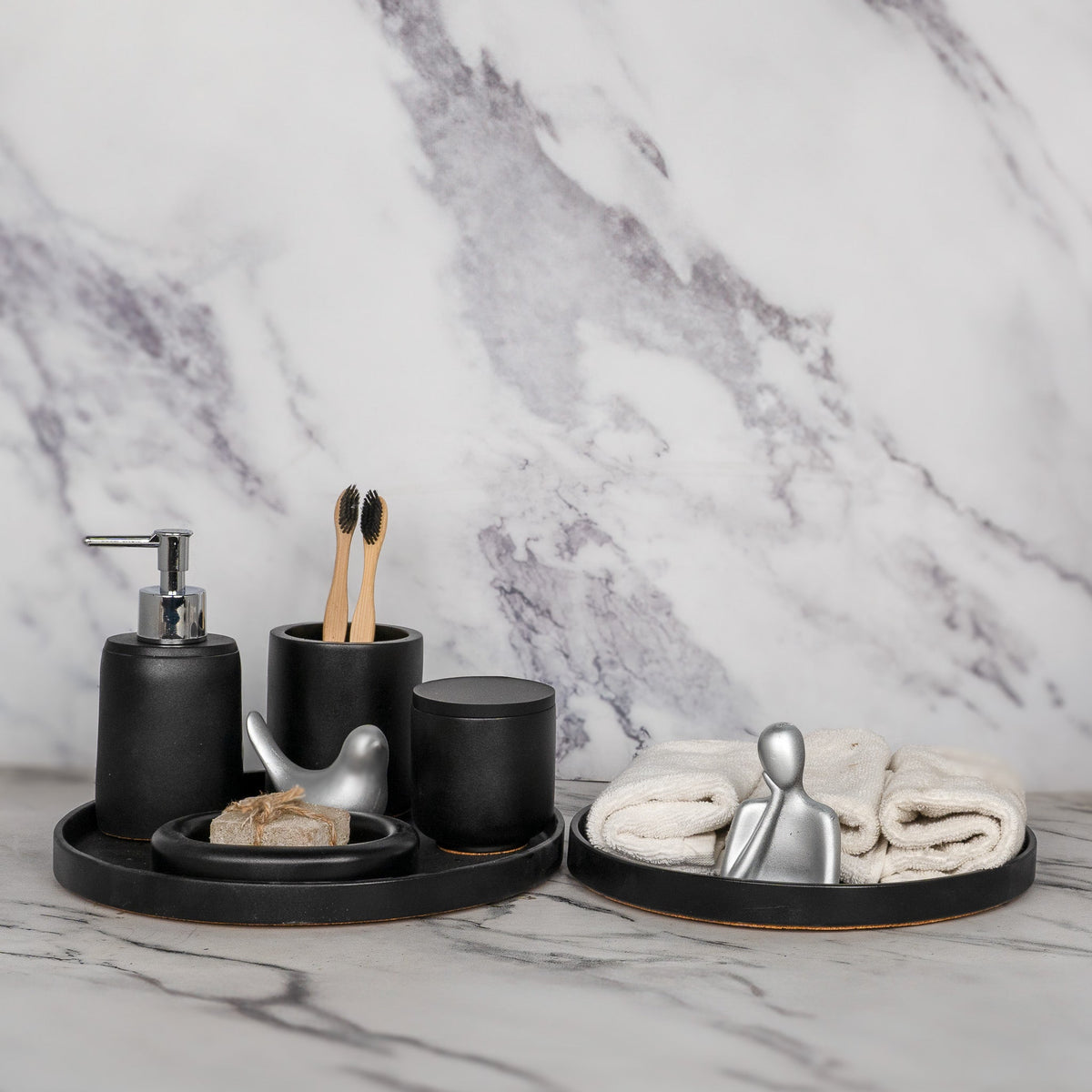 Cora Bathroom Set in Charcoal Black, handcrafted bathroom accessories set