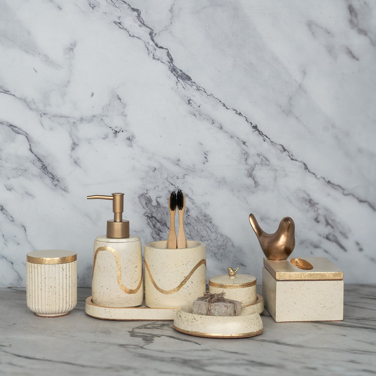 Crema Bathroom Set in Harvest Cream, handcrafted bathroom accessories set