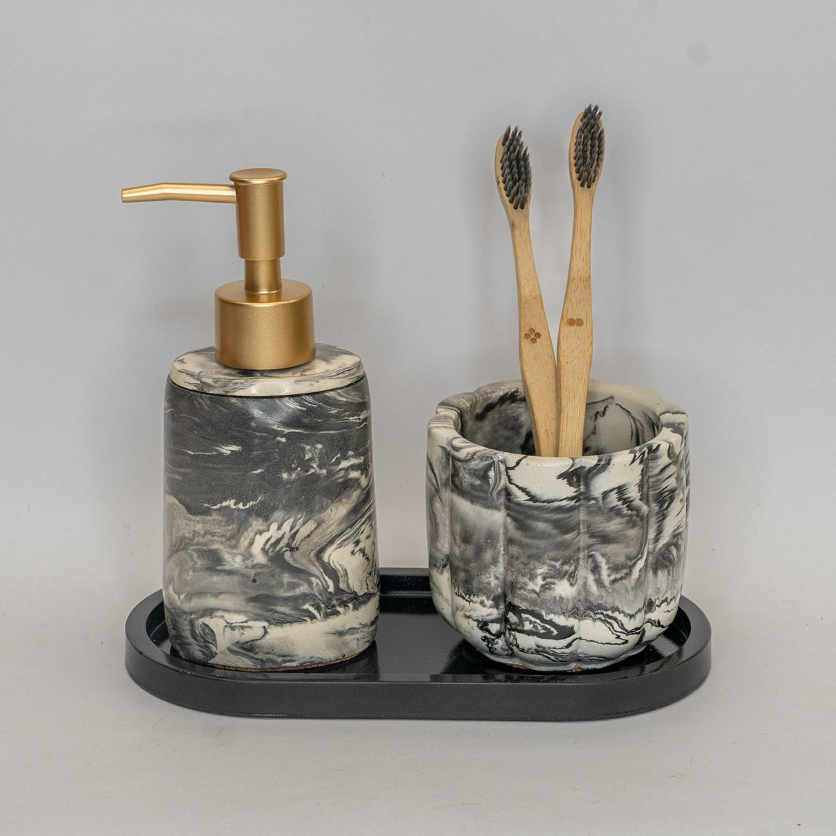 Crest Bathroom Set in Charcoal Black, handcrafted bathroom accessories set