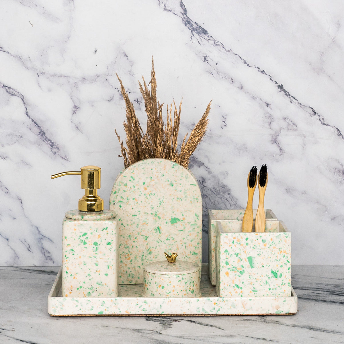 Dapple Bathroom Set in Moon Light, handcrafted bathroom accessories set