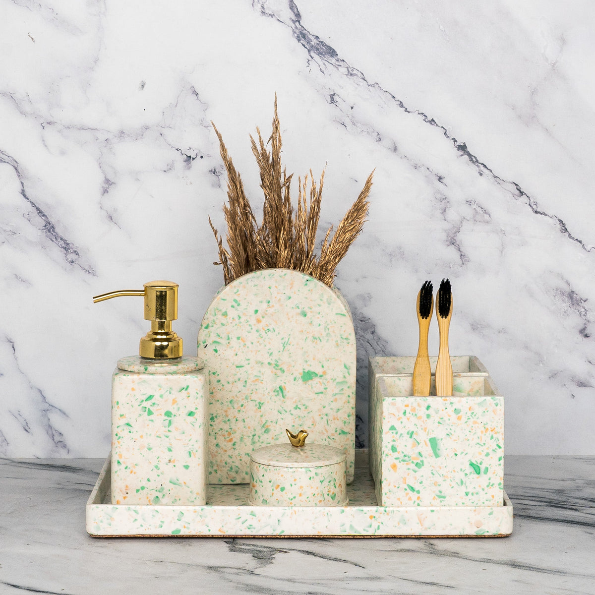 Dapple Bathroom Set in Moon Light, handcrafted bathroom accessories set