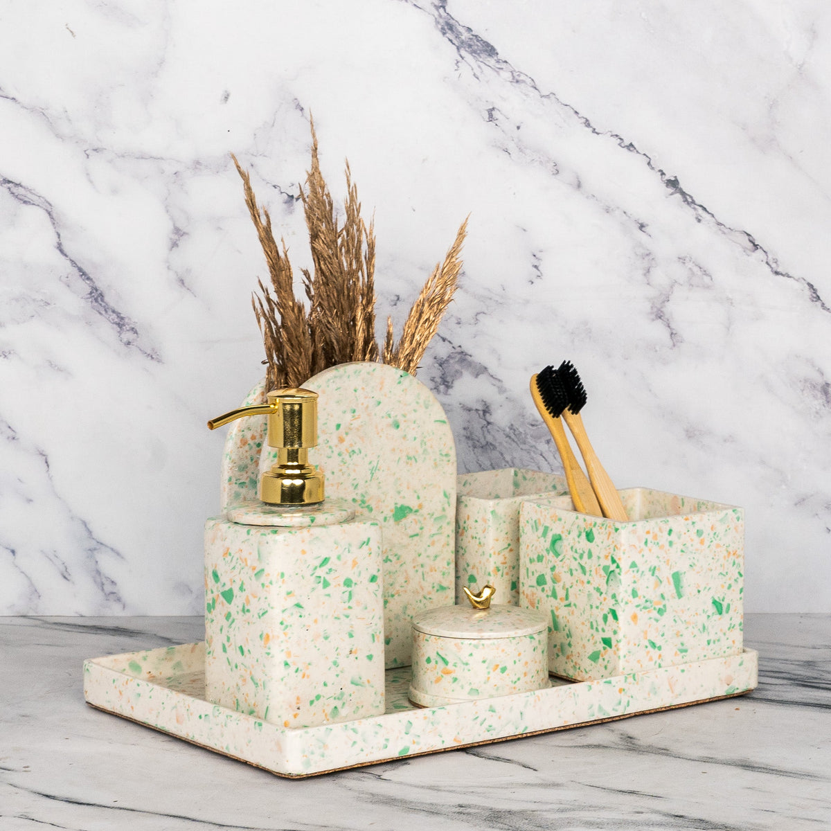 Dapple Bathroom Set in Moon Light, handcrafted bathroom accessories set