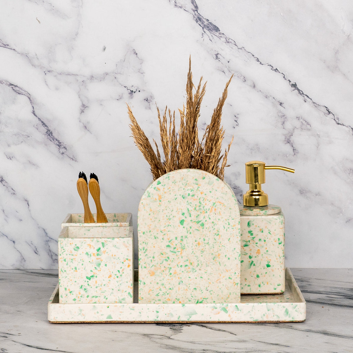 Dapple Bathroom Set in Moon Light, handcrafted bathroom accessories set