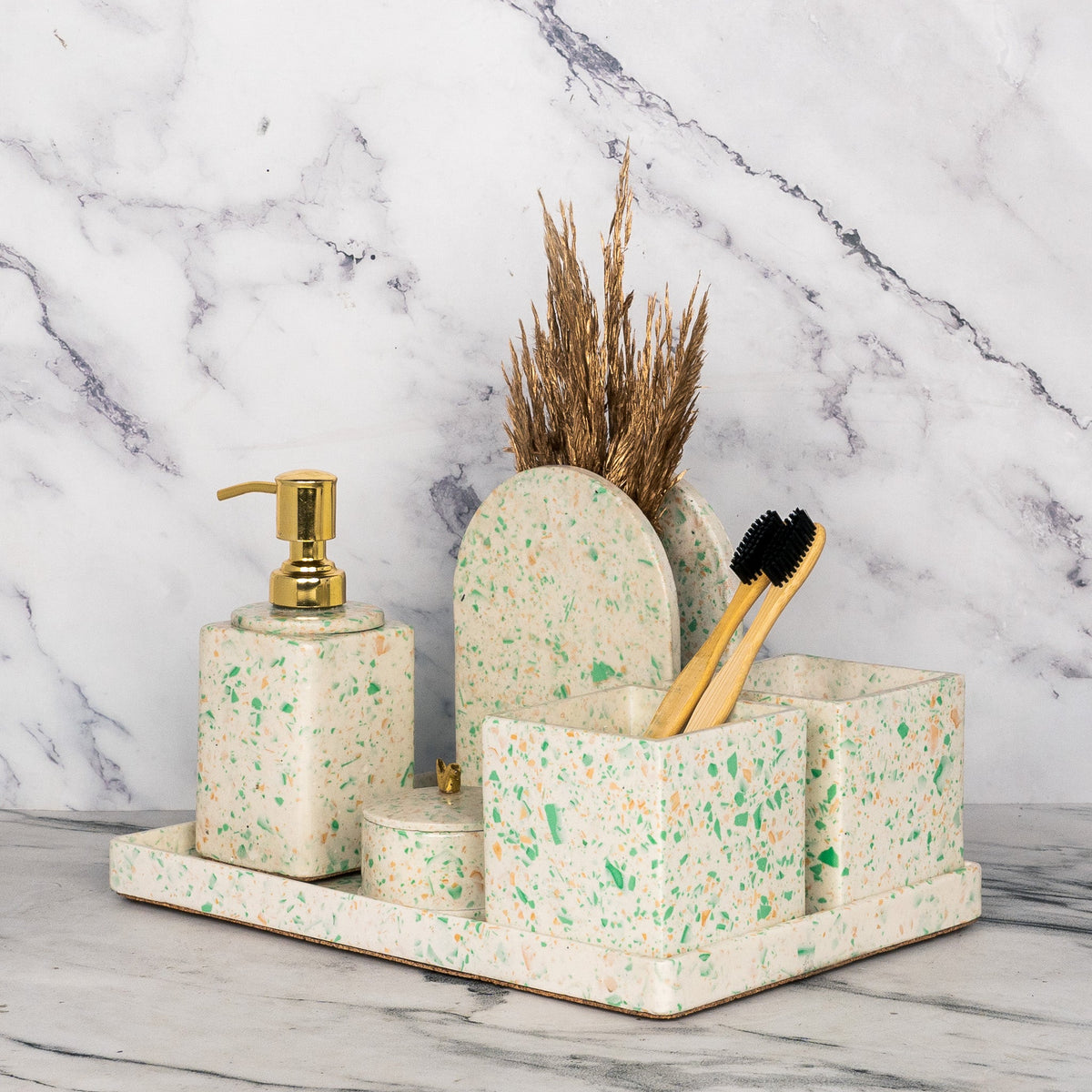 Dapple Bathroom Set in Moon Light, handcrafted bathroom accessories set