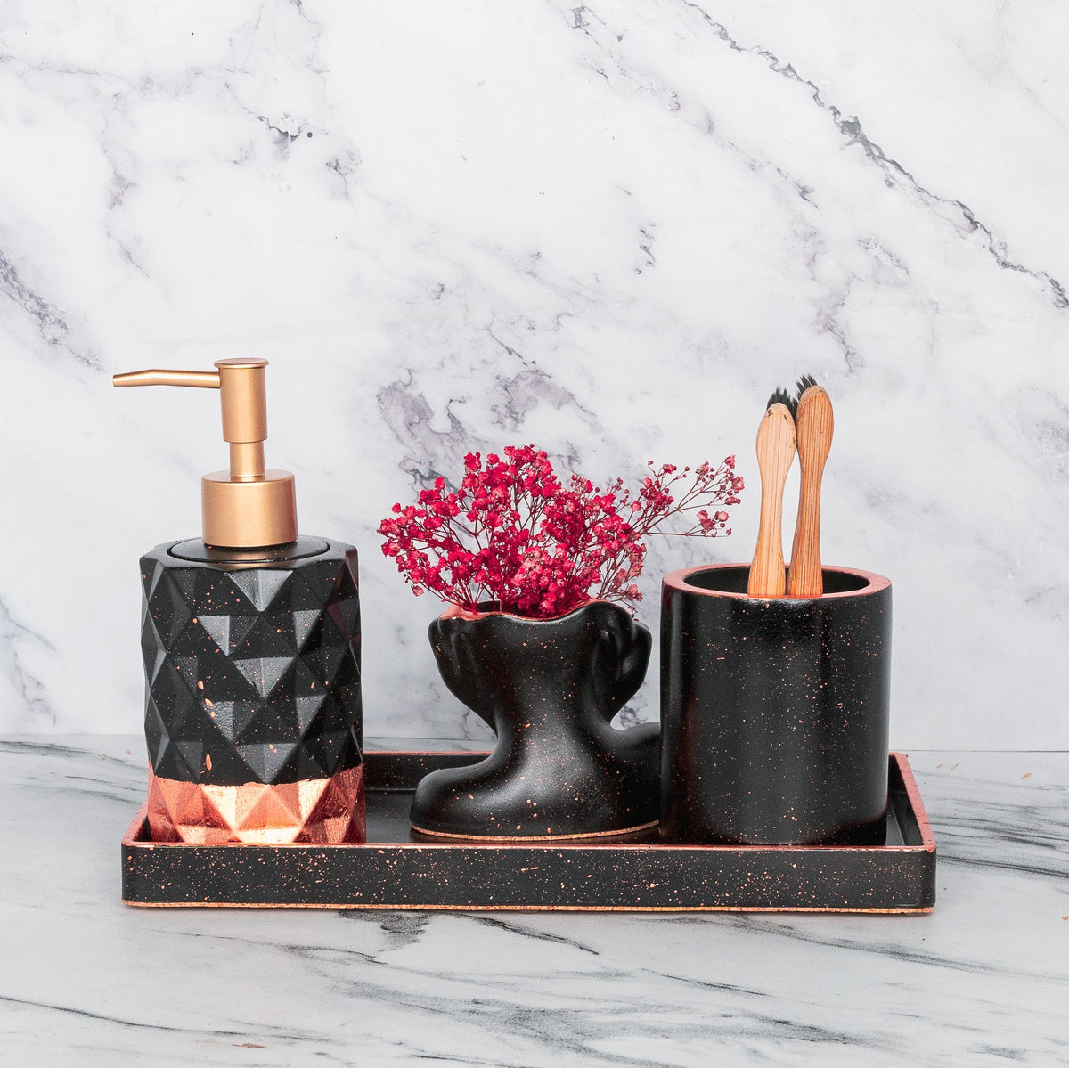 Dusk Bathroom Set in Charcoal Black, handcrafted bathroom accessories set