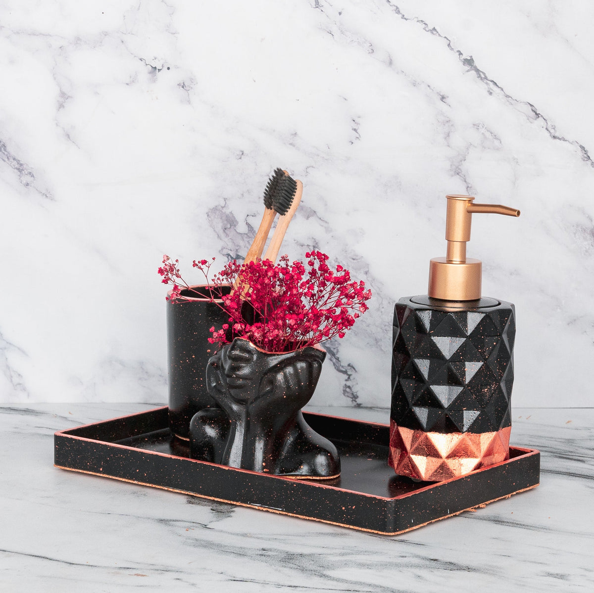 Dusk Bathroom Set in Charcoal Black, handcrafted bathroom accessories set