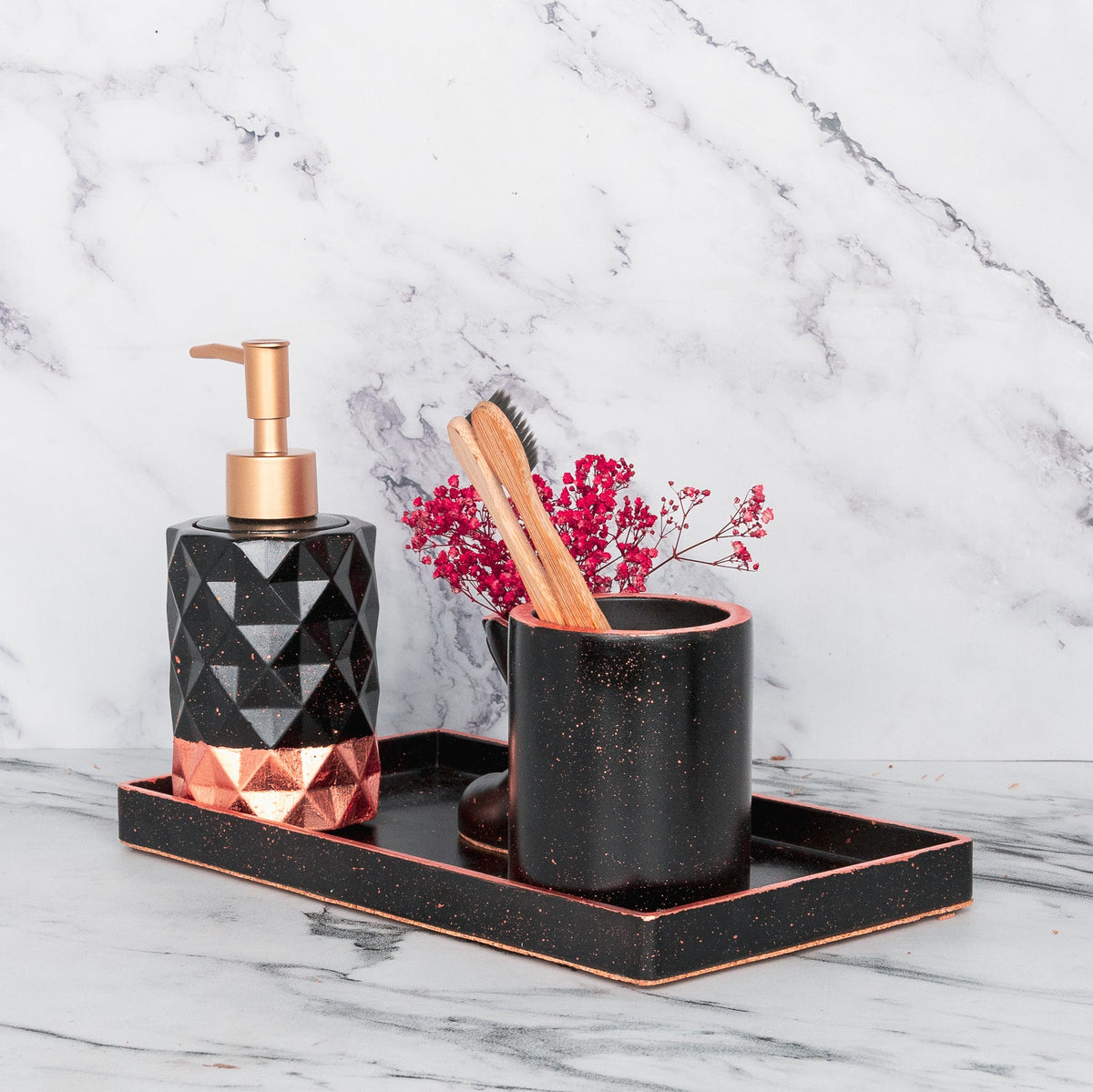Dusk Bathroom Set in Charcoal Black, handcrafted bathroom accessories set