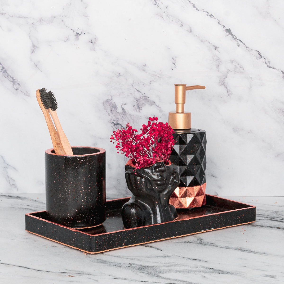 Dusk Bathroom Set in Charcoal Black, handcrafted bathroom accessories set