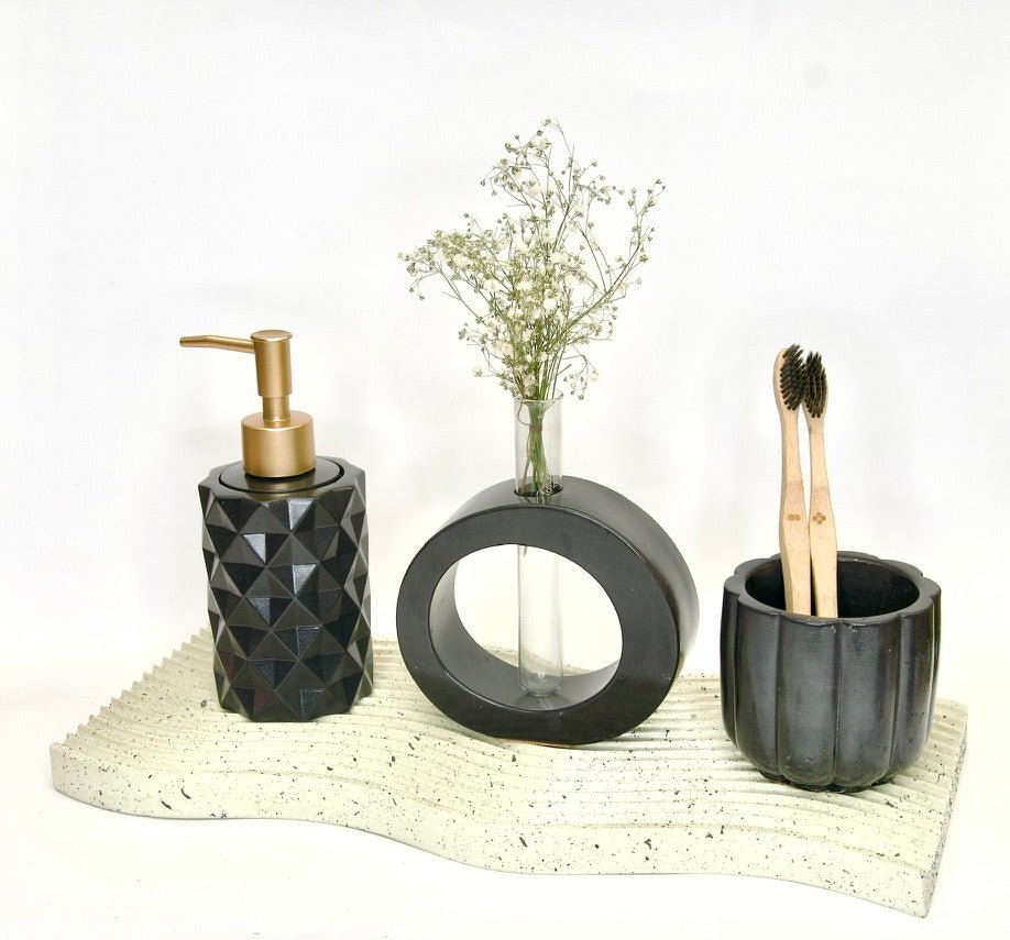 Elan Bathroom Set in Charcoal Black, handcrafted bathroom accessories set