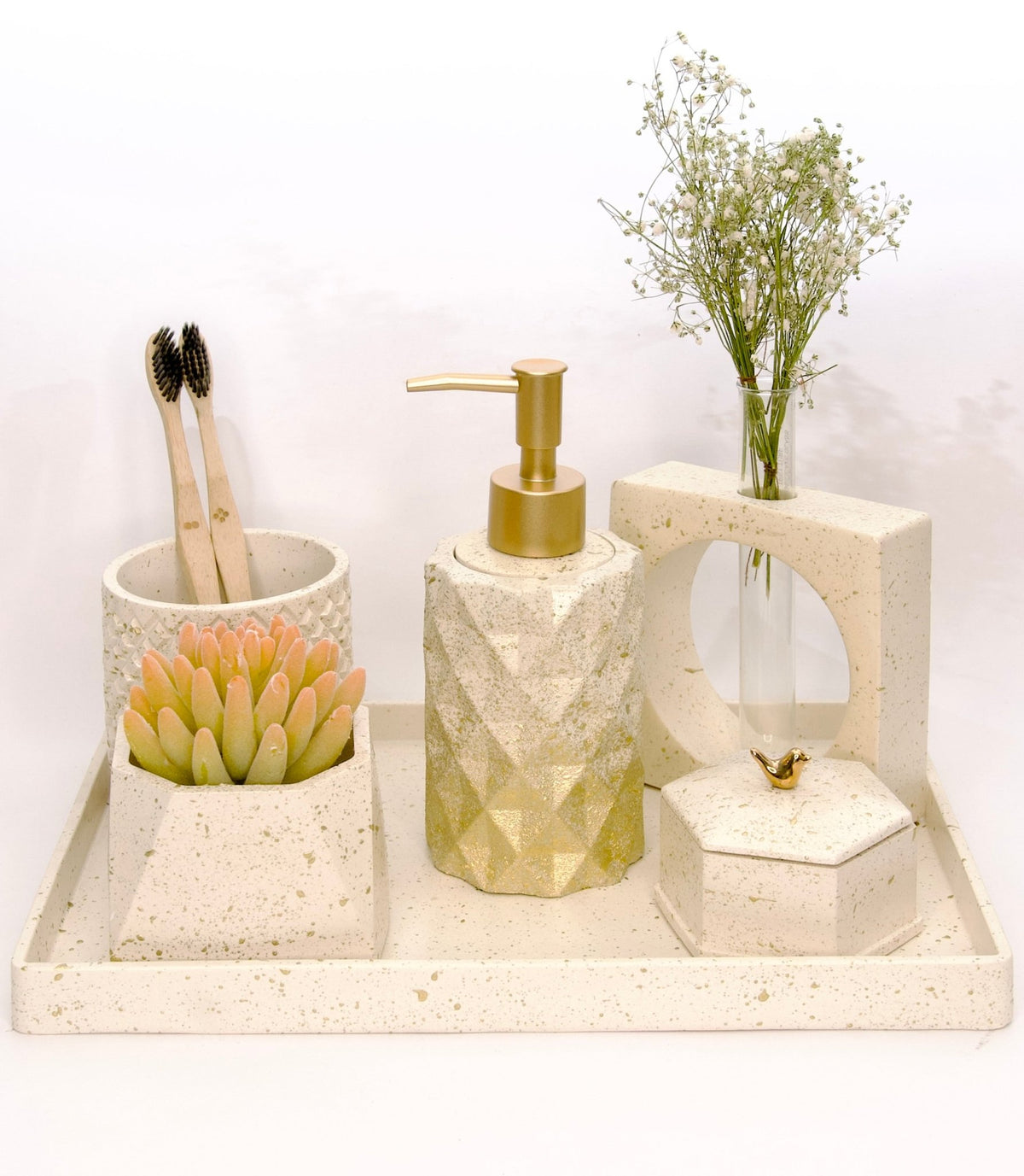 Elisha Bathroom Set in Moon Light, handcrafted bathroom accessories set