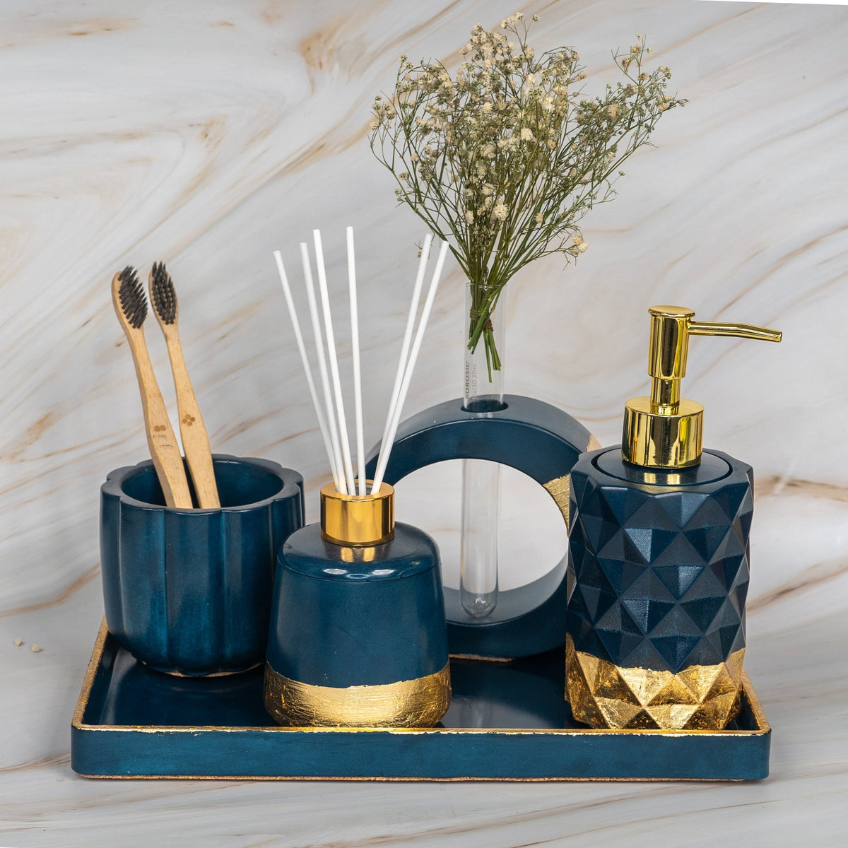 Elixir Bathroom Set in Nautical Depth, handcrafted bathroom accessories set