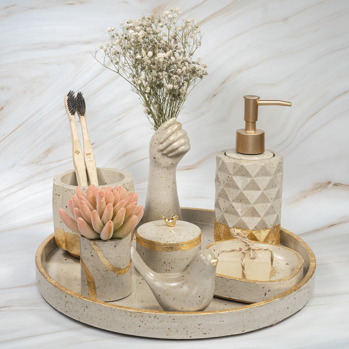 Enigma Bathroom Set in Warm Stone, handcrafted bathroom accessories set