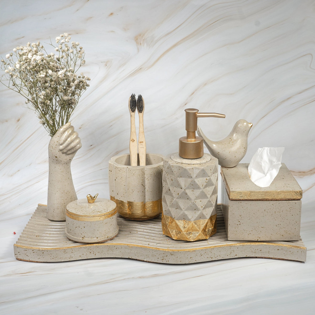 Essence Bathroom Set in Warm Stone, handcrafted bathroom accessories set