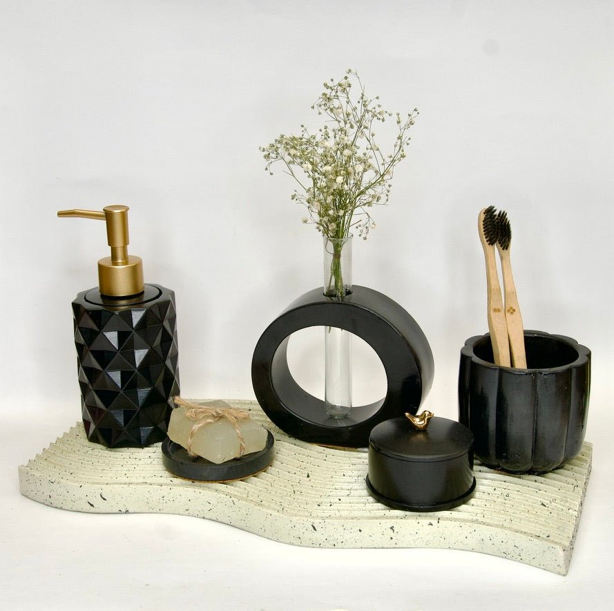 Everet Bathroom Set in Charcoal Black, handcrafted bathroom accessories set