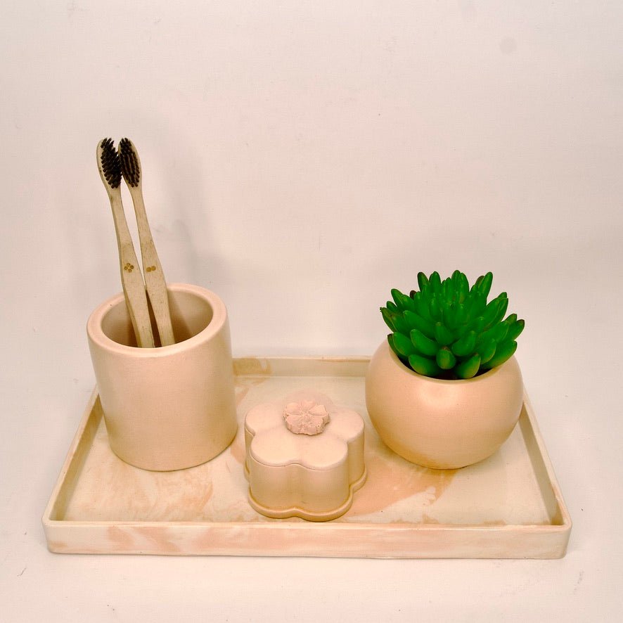 Ezra Bathroom Set in Sunset Glow, handcrafted bathroom accessories set