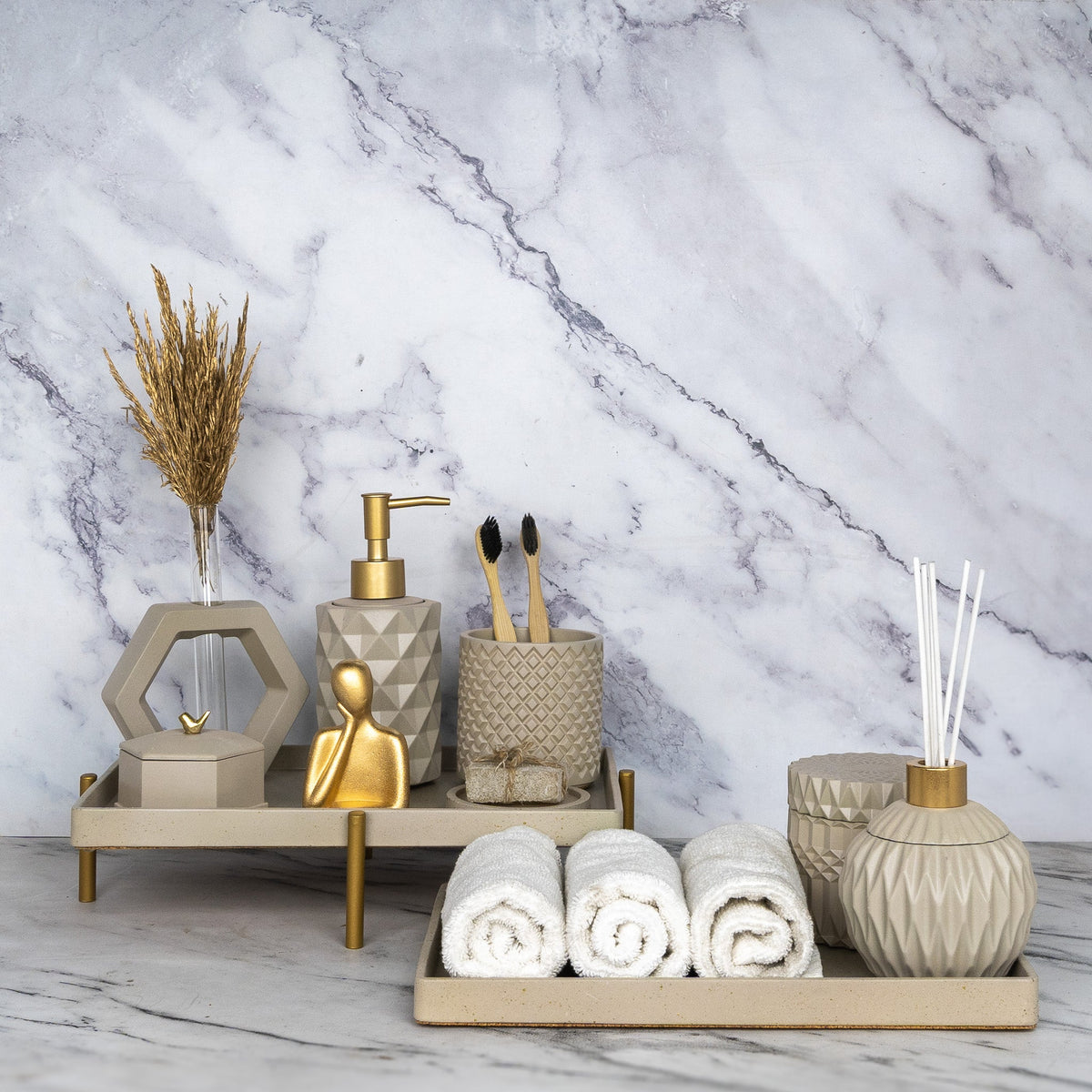 Finesse Bathroom Set in Warm Stone, handcrafted bathroom accessories set