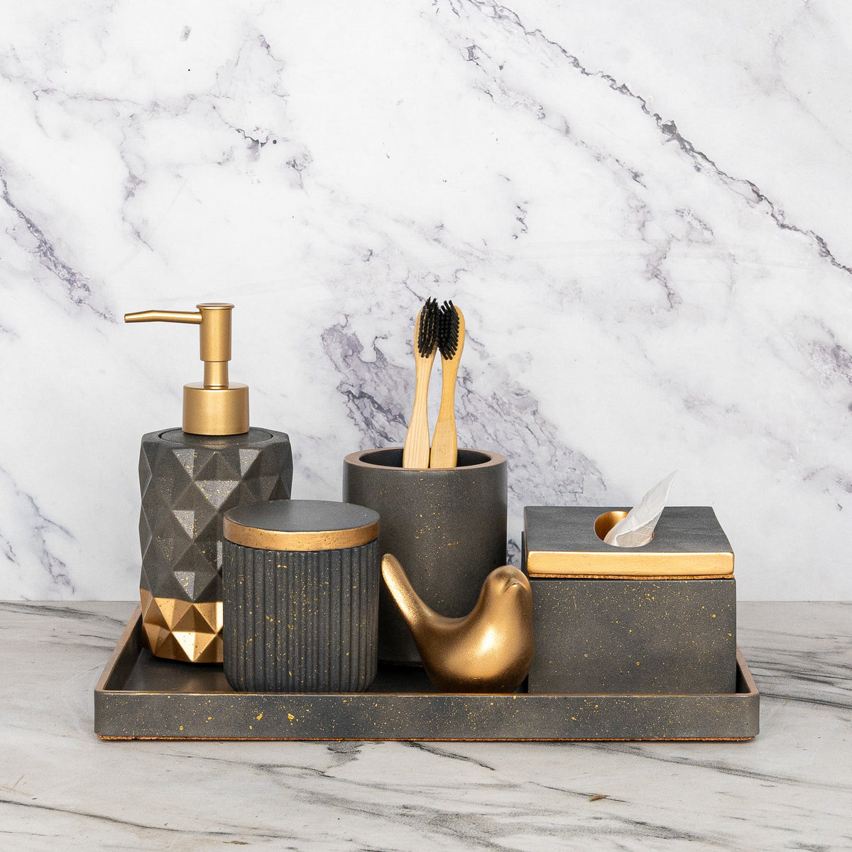 Flair Bathroom Set in Burnished Grey, handcrafted bathroom accessories set