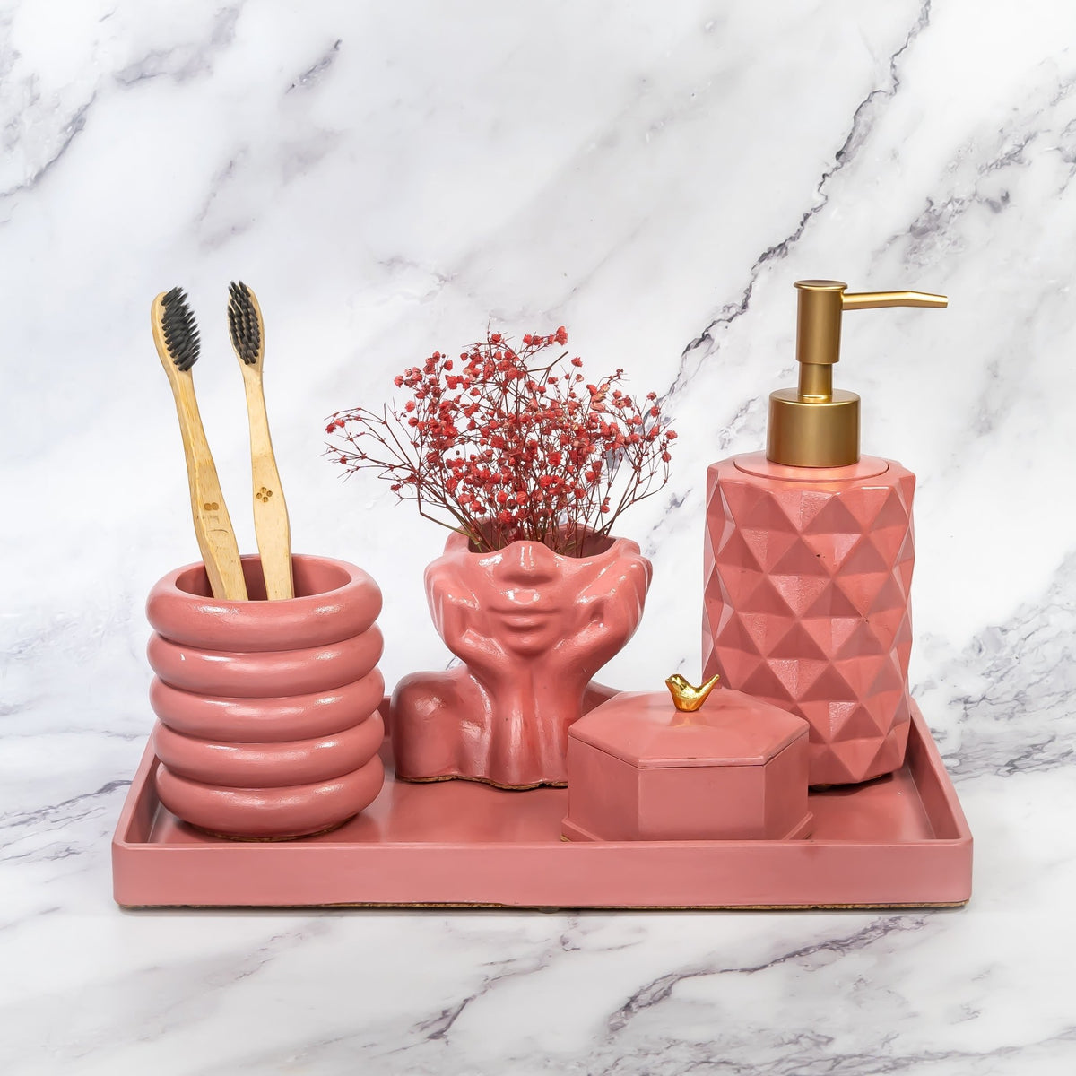 Flamingo Bathroom Set in Serene Blush, handcrafted bathroom accessories set