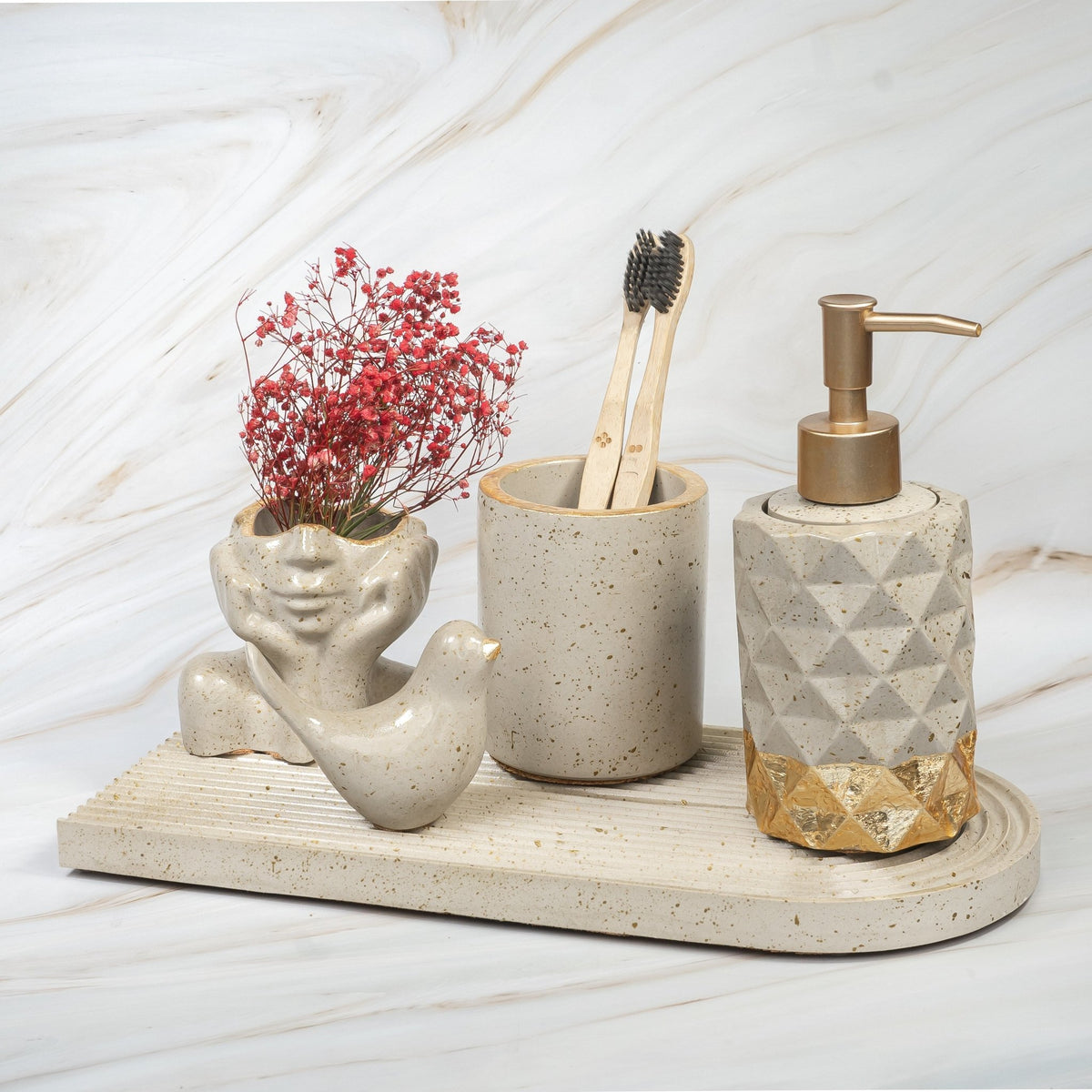 Fleur Bathroom Set in Warm Stone, handcrafted bathroom accessories set