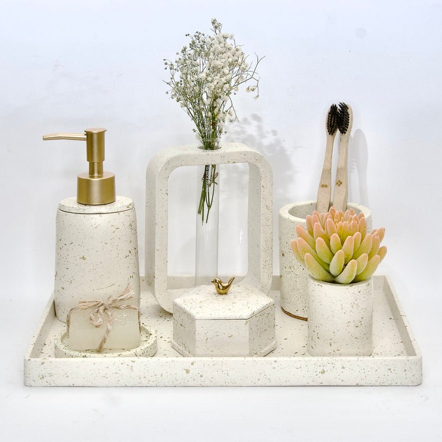 Flora Bathroom Set in Moon Light, handcrafted bathroom accessories set