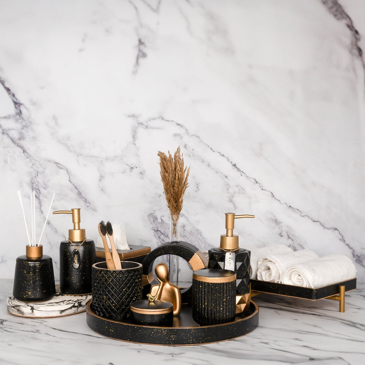 Fontana Bathroom Set in Charcoal Black, handcrafted bathroom accessories set