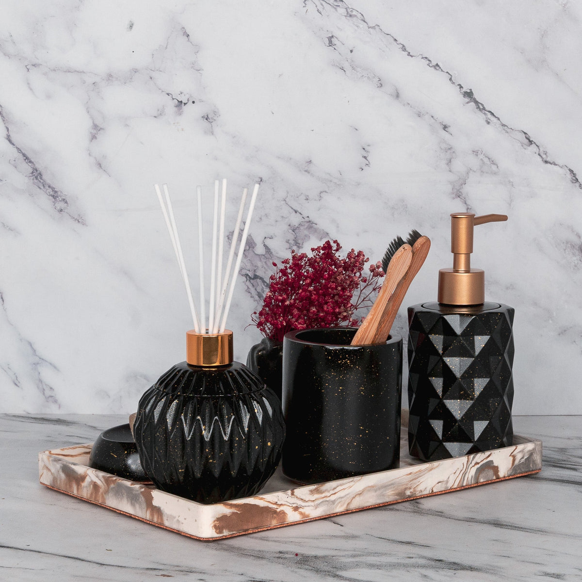 Freida Bathroom Set in Charcoal Black, handcrafted bathroom accessories set