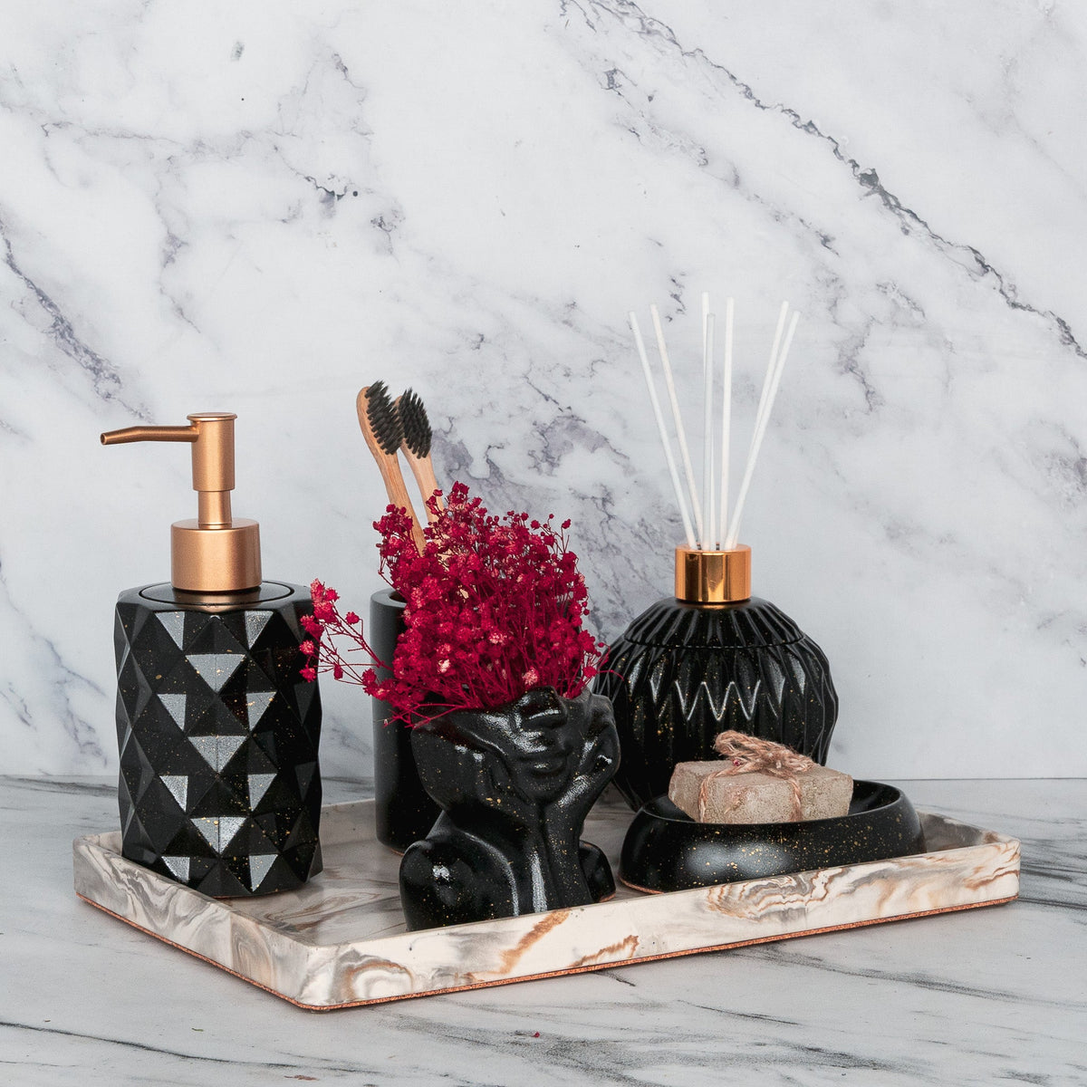 Freida Bathroom Set in Charcoal Black, handcrafted bathroom accessories set