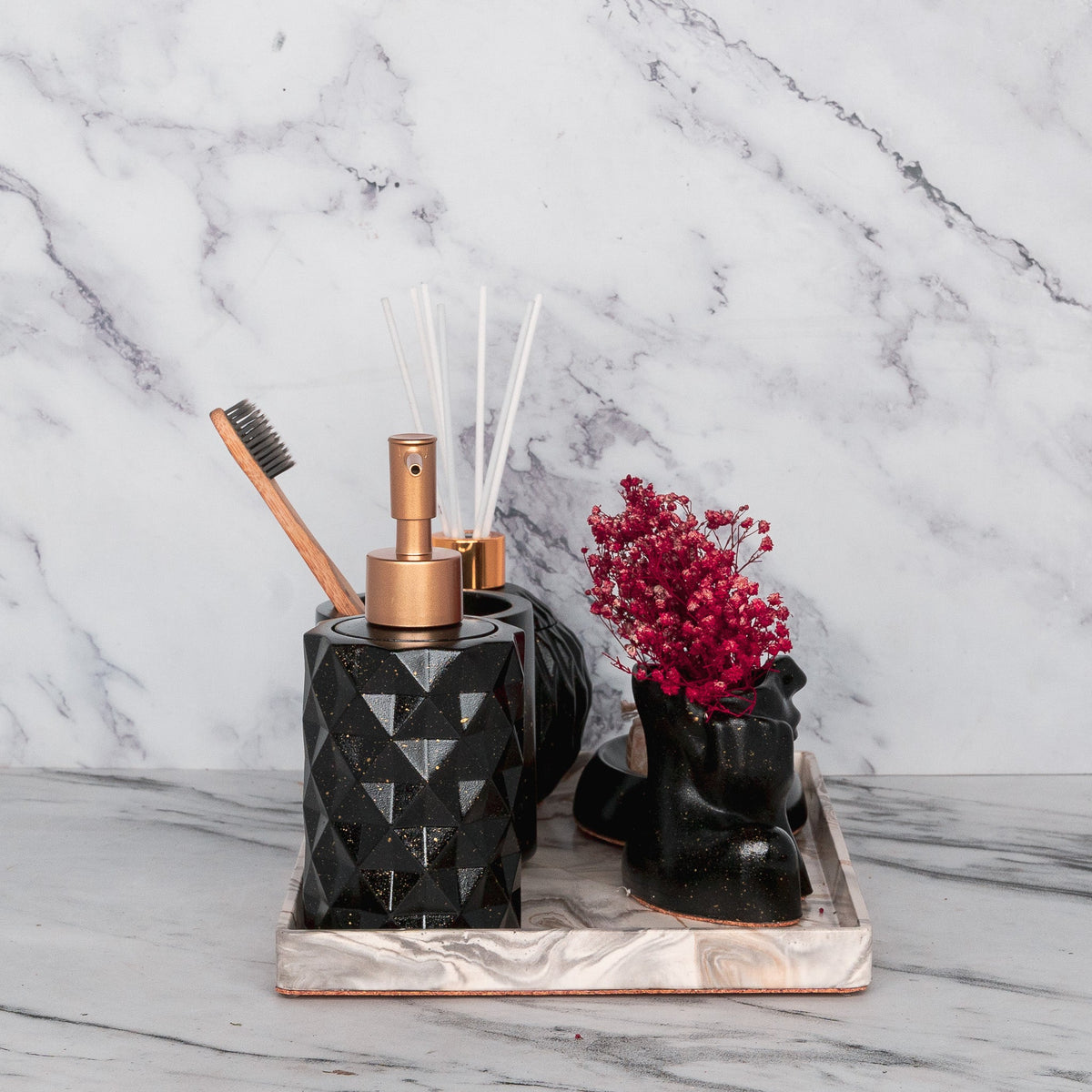 Freida Bathroom Set in Charcoal Black, handcrafted bathroom accessories set