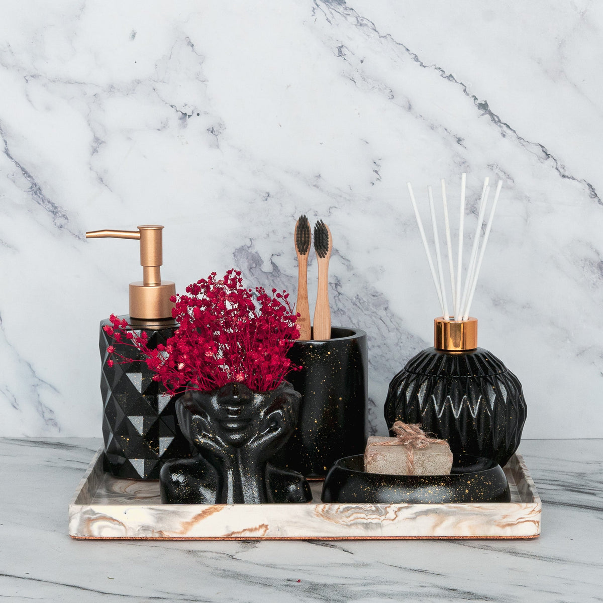 Freida Bathroom Set in Charcoal Black, handcrafted bathroom accessories set