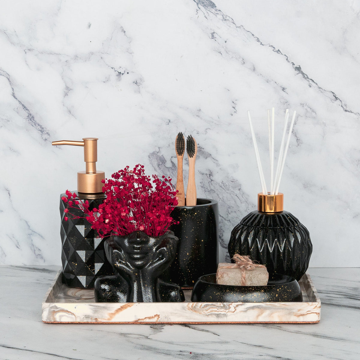 Freida Bathroom Set in Charcoal Black, handcrafted bathroom accessories set