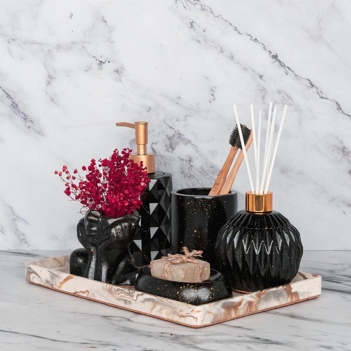 Freida Bathroom Set in Charcoal Black, handcrafted bathroom accessories set