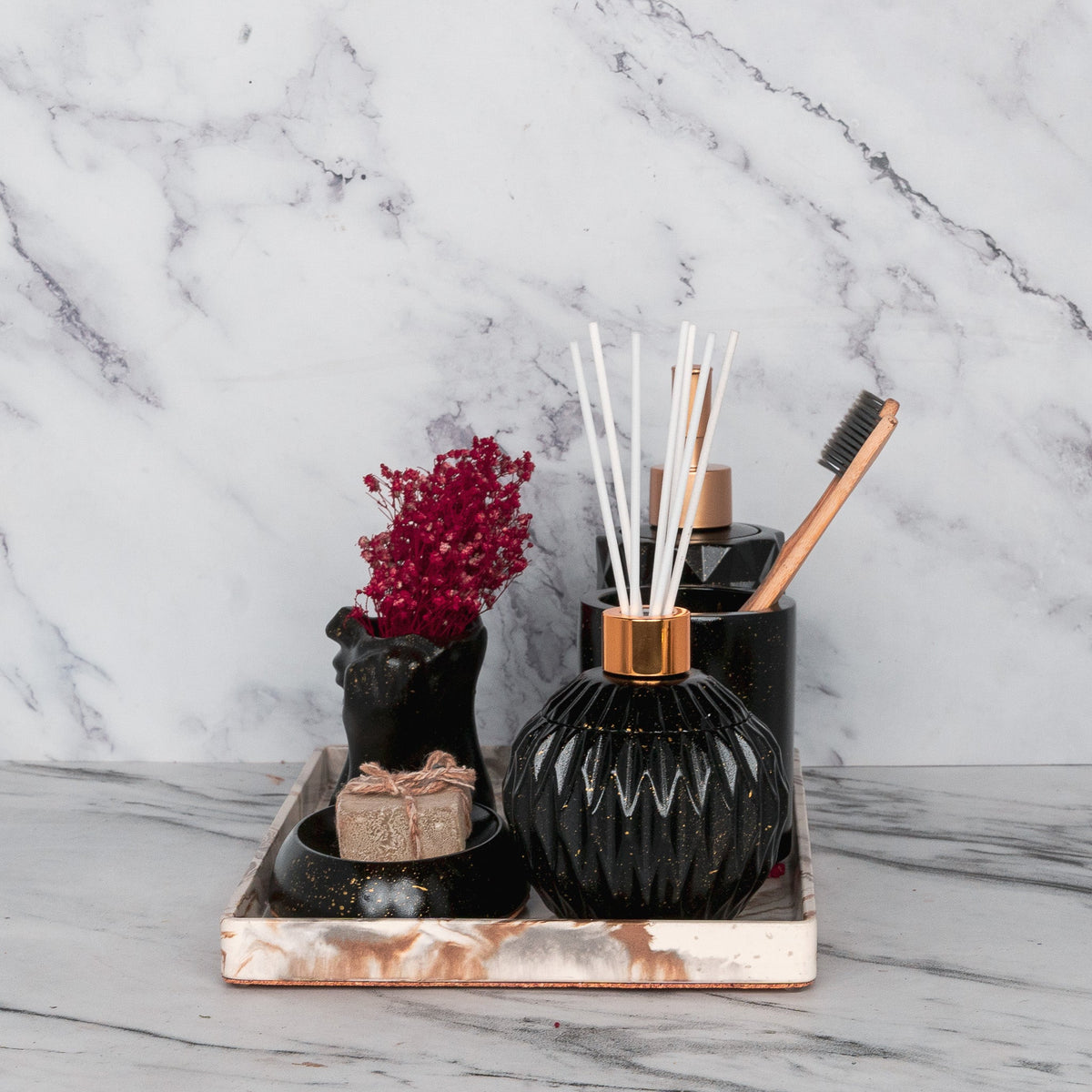 Freida Bathroom Set in Charcoal Black, handcrafted bathroom accessories set