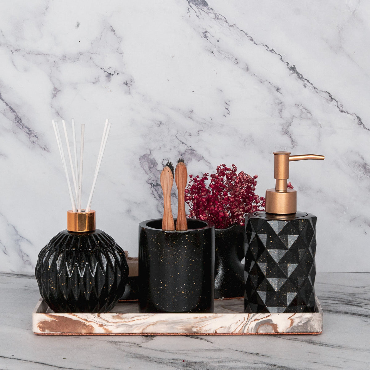 Freida Bathroom Set in Charcoal Black, handcrafted bathroom accessories set