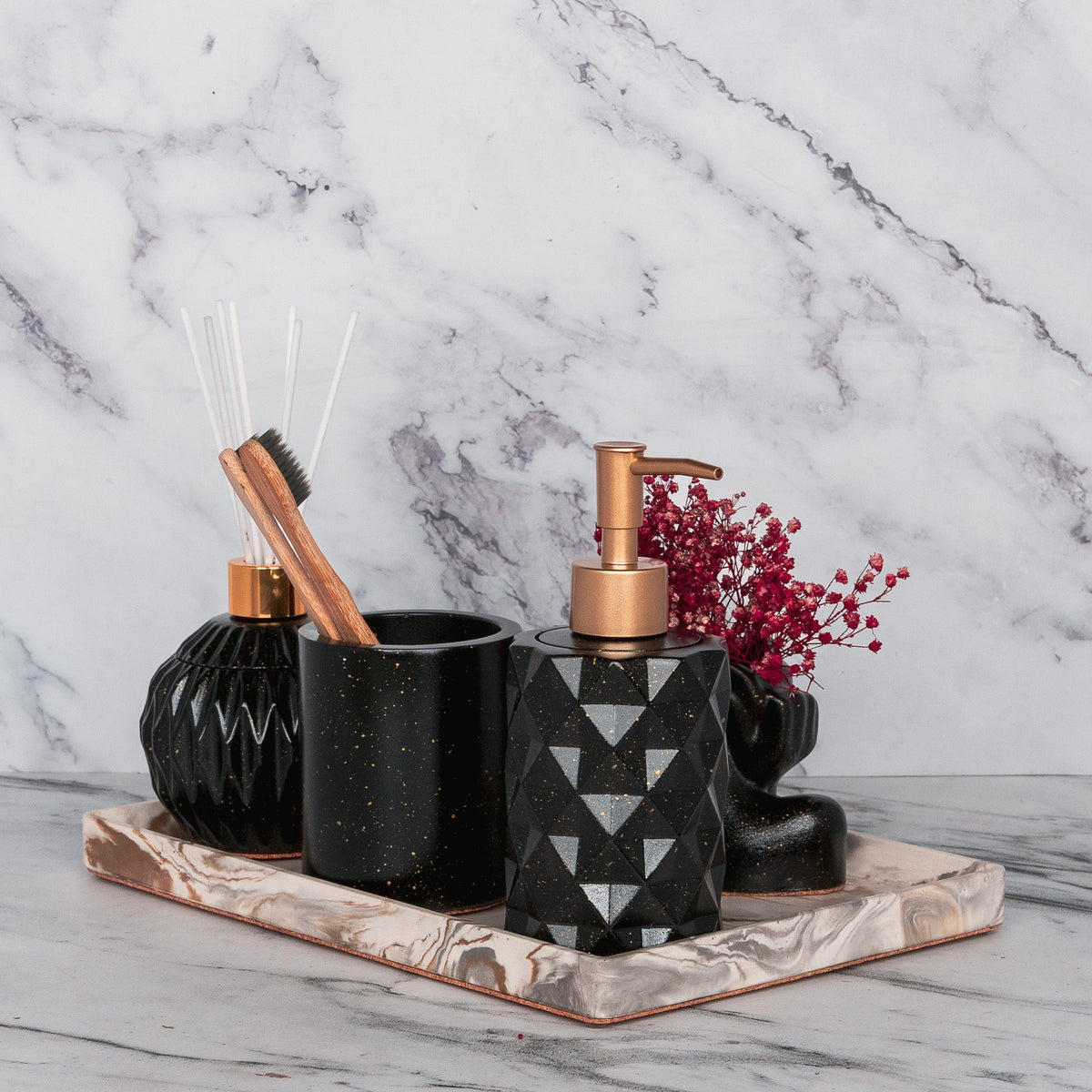 Freida Bathroom Set in Charcoal Black, handcrafted bathroom accessories set
