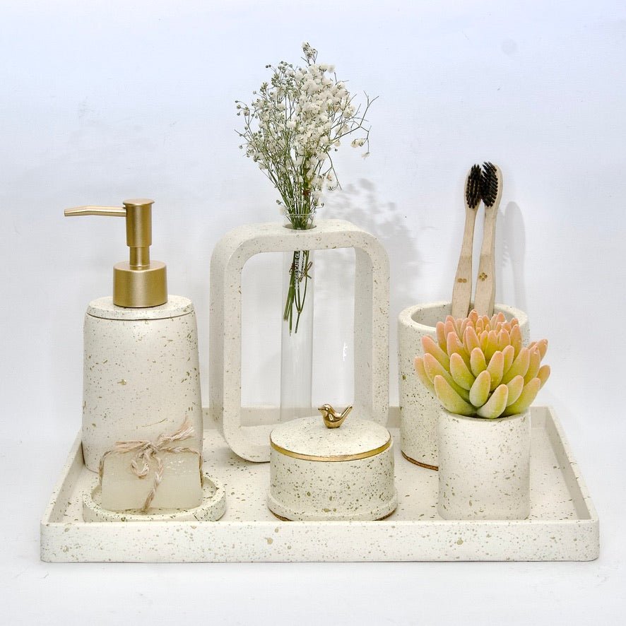 Fresco Bathroom Set in Moon Light, handcrafted bathroom accessories set