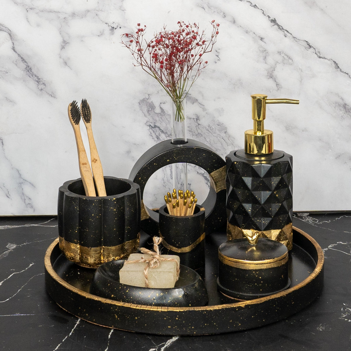 Gilded Noir Bathroom Set in Charcoal Black, handcrafted bathroom accessories set