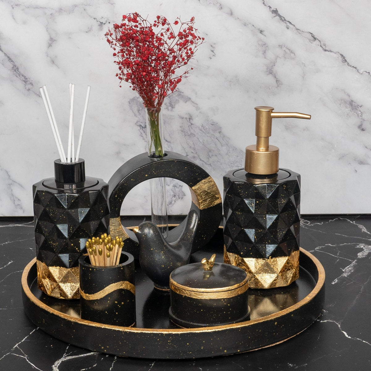 Glamour Bathroom Set in Charcoal Black, handcrafted bathroom accessories set