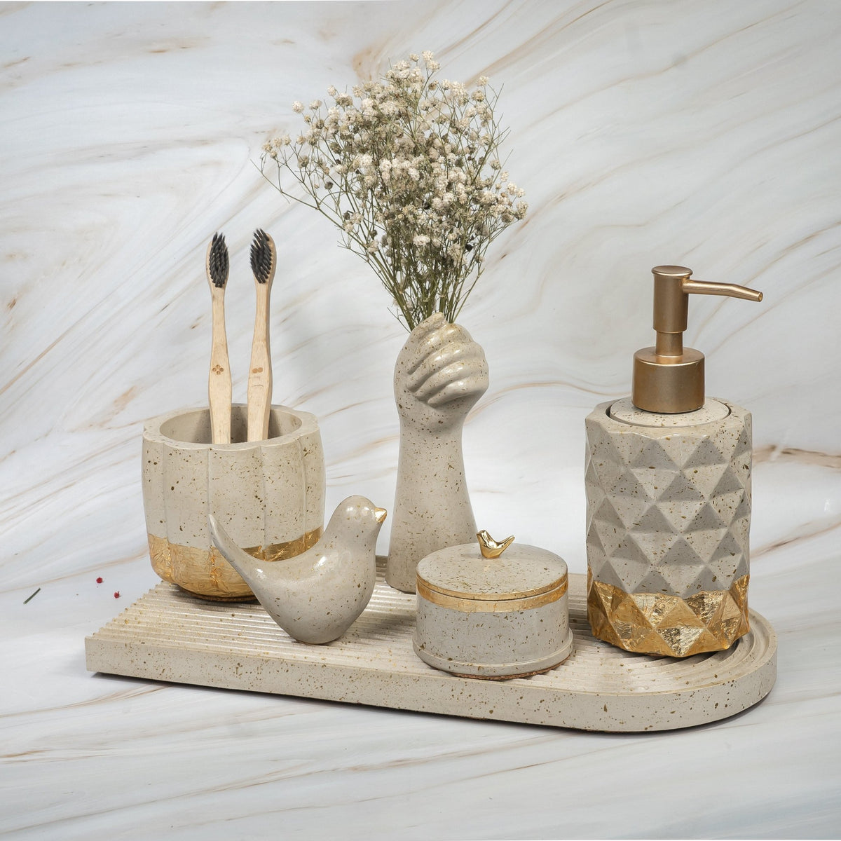 Glint Bathroom Set in Warm Stone, handcrafted bathroom accessories set