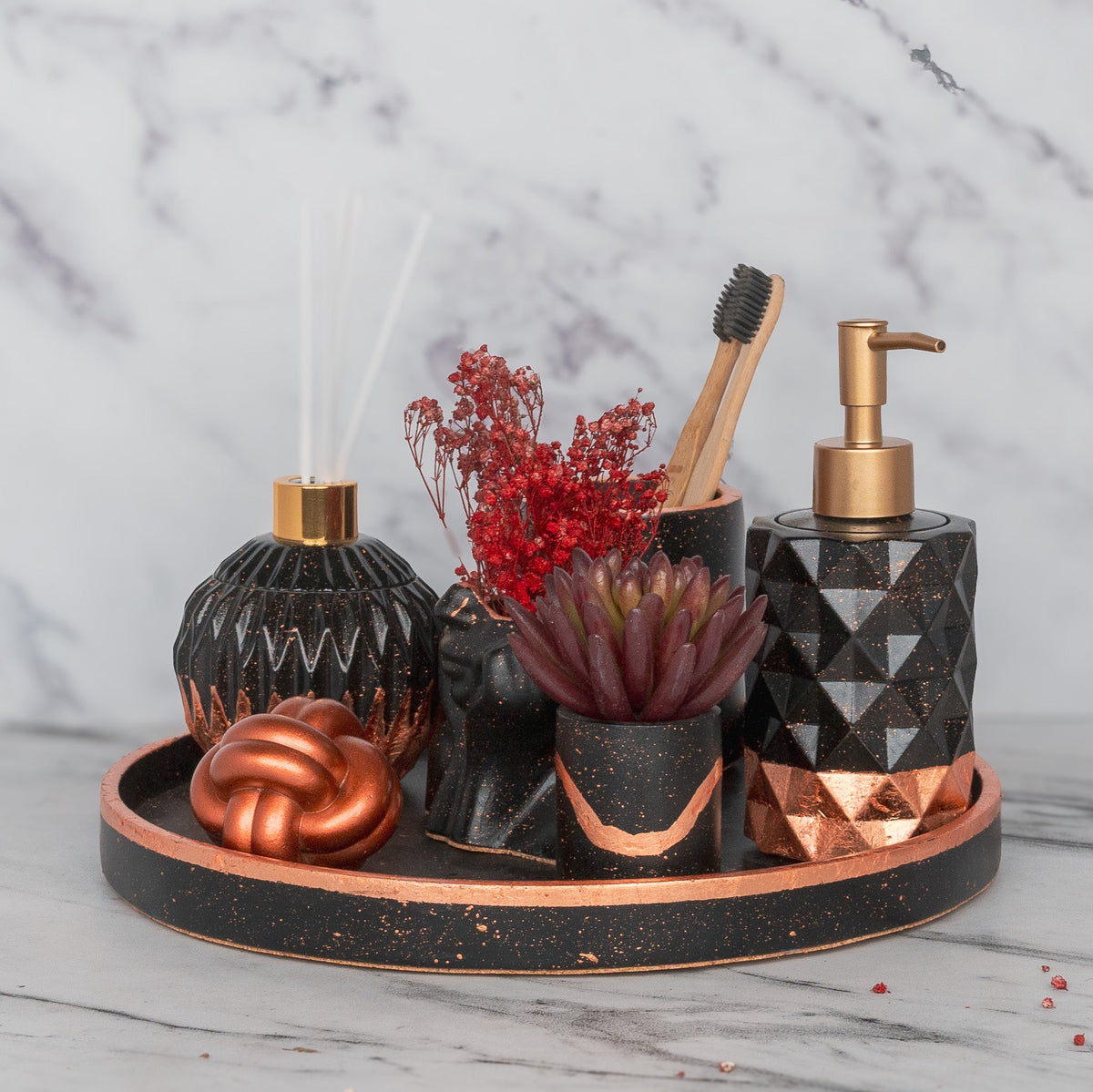 Glorian Bathroom Set in Charcoal Black, handcrafted bathroom accessories set