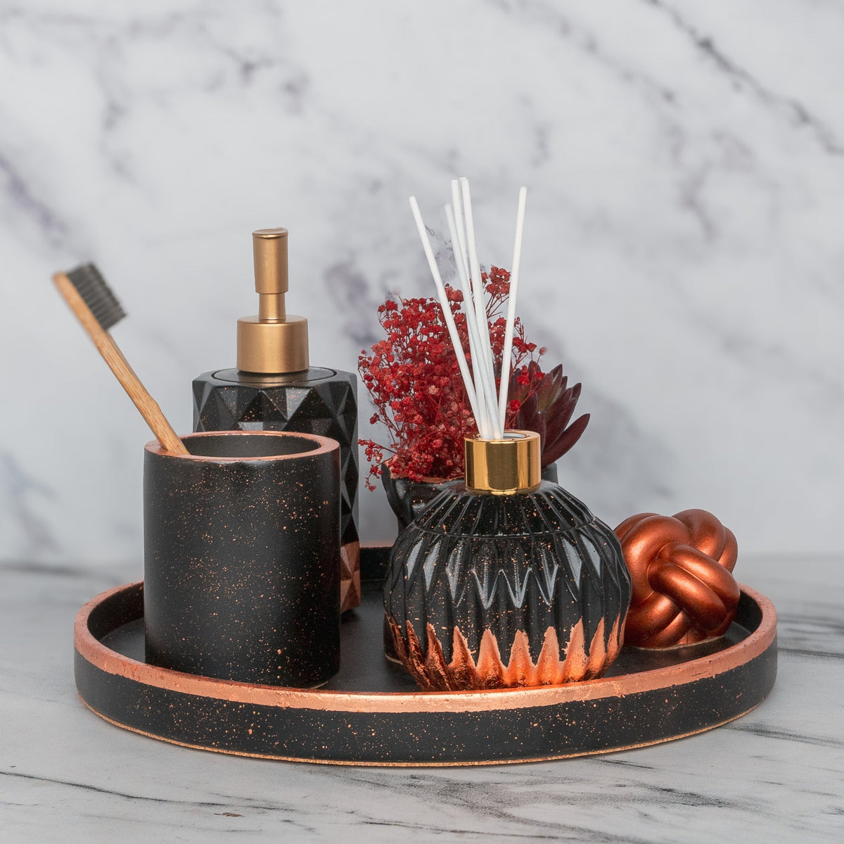 Glorian Bathroom Set in Charcoal Black, handcrafted bathroom accessories set