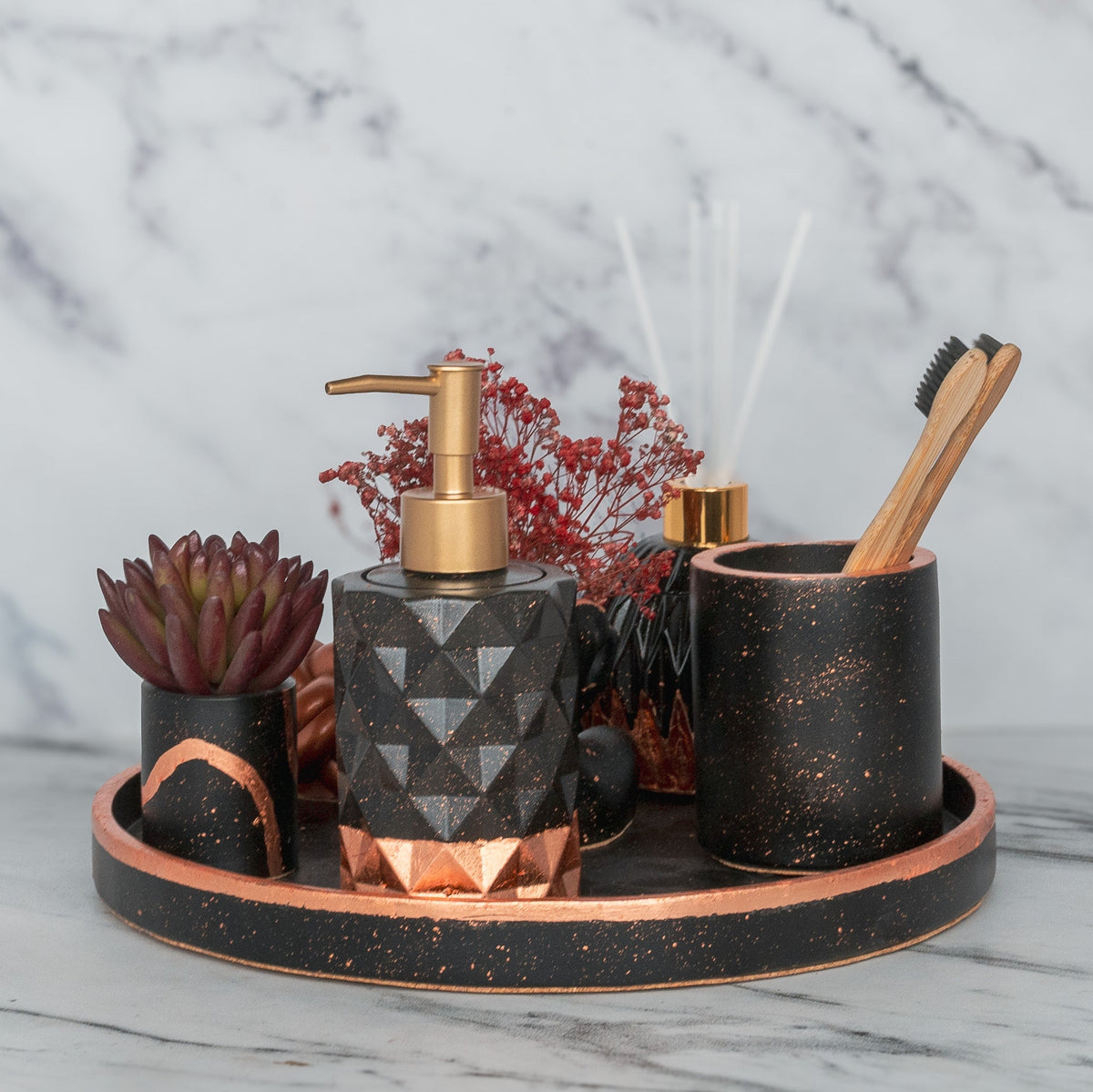 Glorian Bathroom Set in Charcoal Black, handcrafted bathroom accessories set