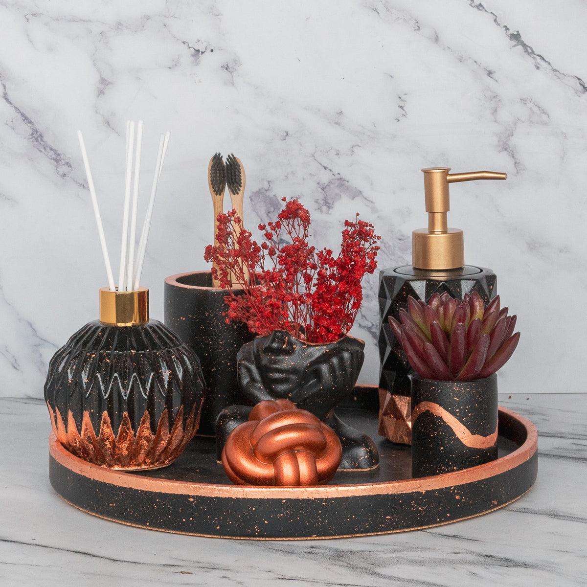 Glorian Bathroom Set in Charcoal Black, handcrafted bathroom accessories set