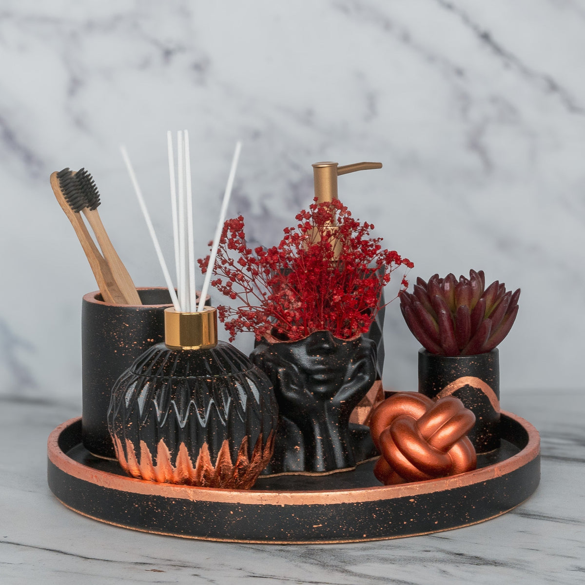 Glorian Bathroom Set in Charcoal Black, handcrafted bathroom accessories set