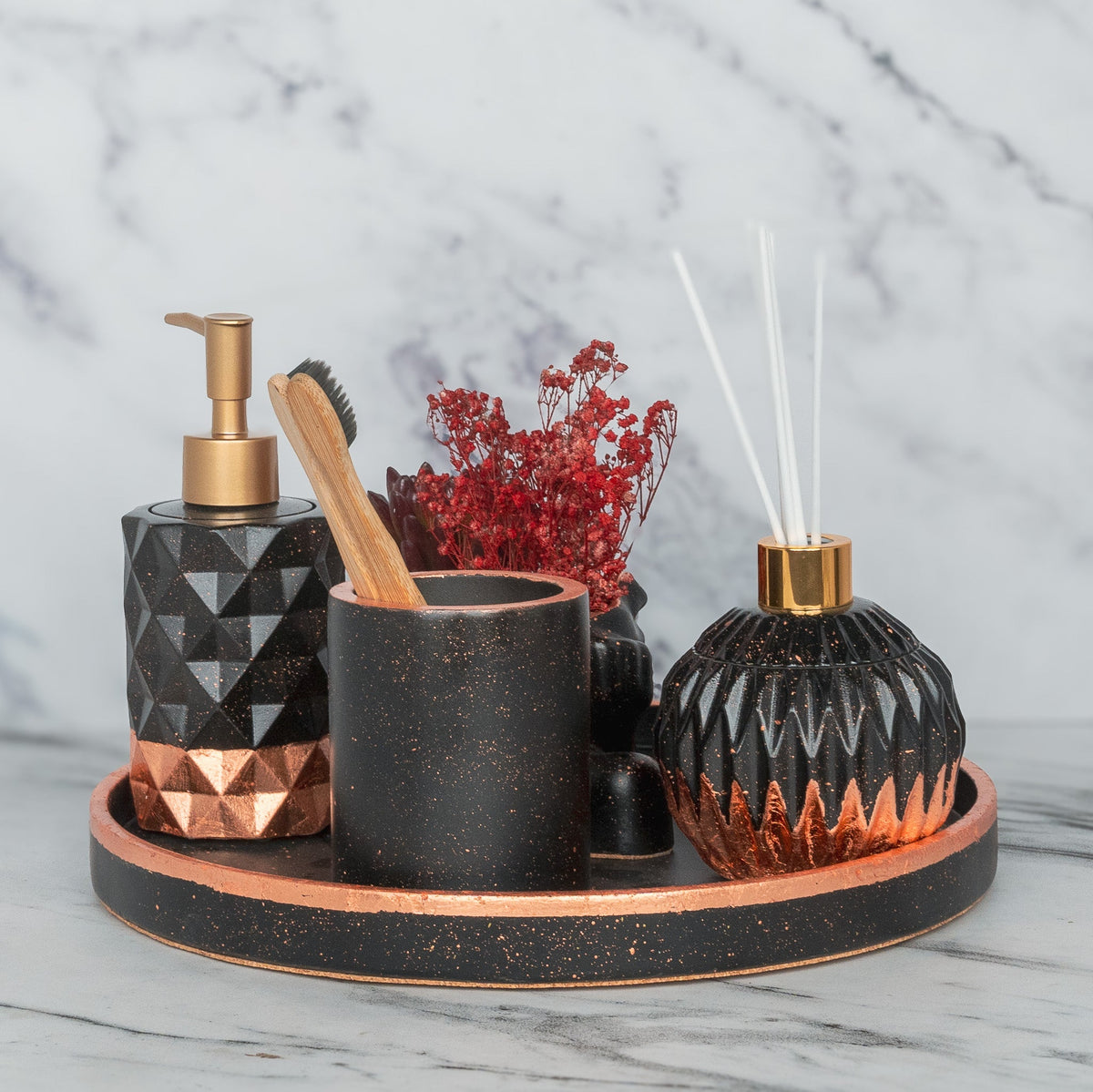 Glorian Bathroom Set in Charcoal Black, handcrafted bathroom accessories set