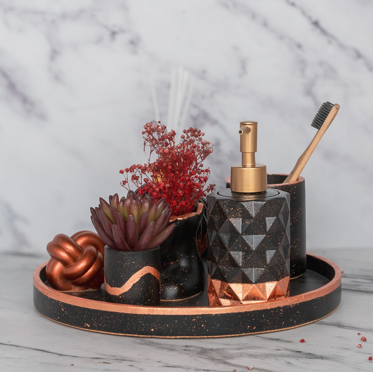 Glorian Bathroom Set in Charcoal Black, handcrafted bathroom accessories set