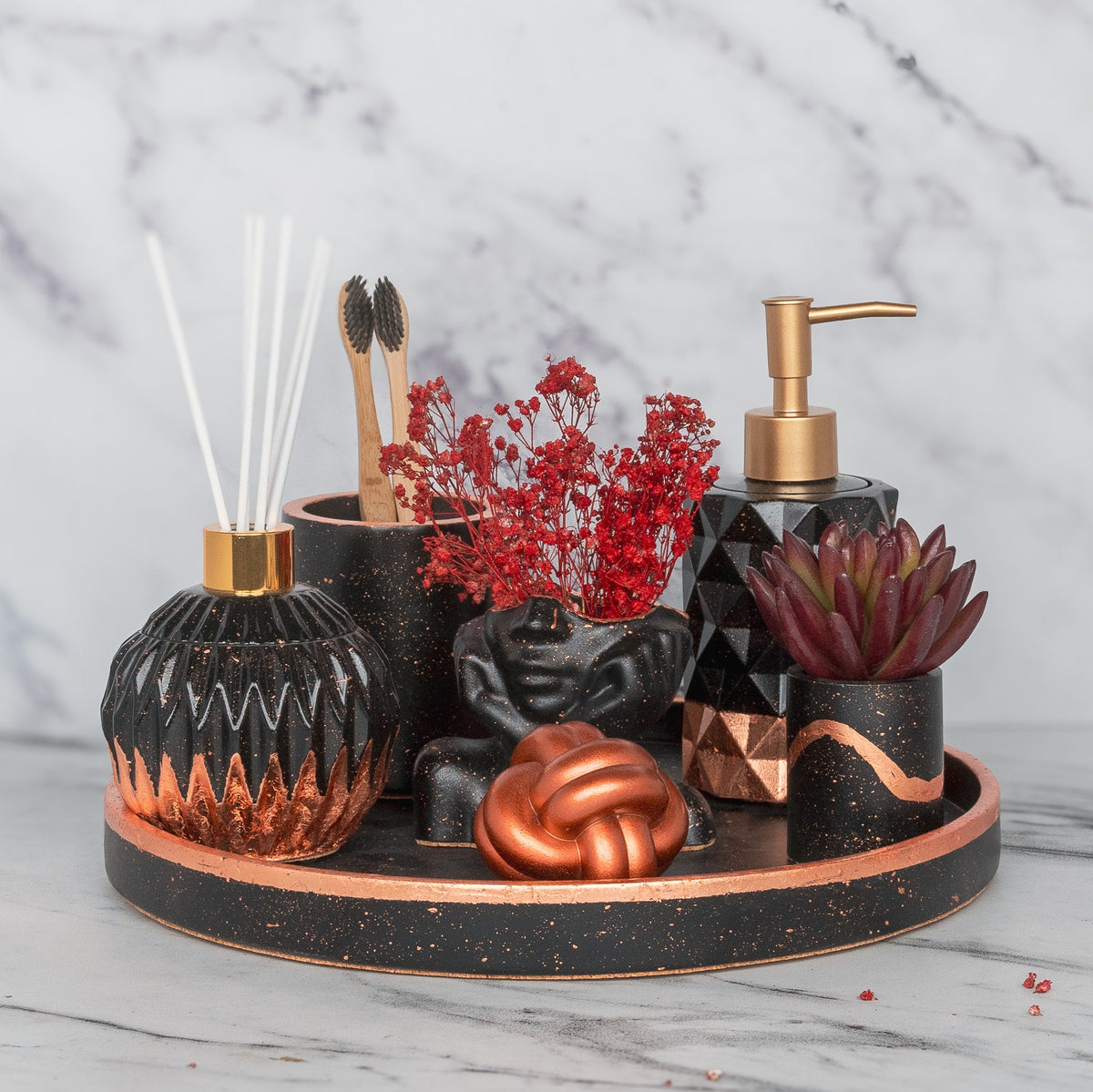 Glorian Bathroom Set in Charcoal Black, handcrafted bathroom accessories set