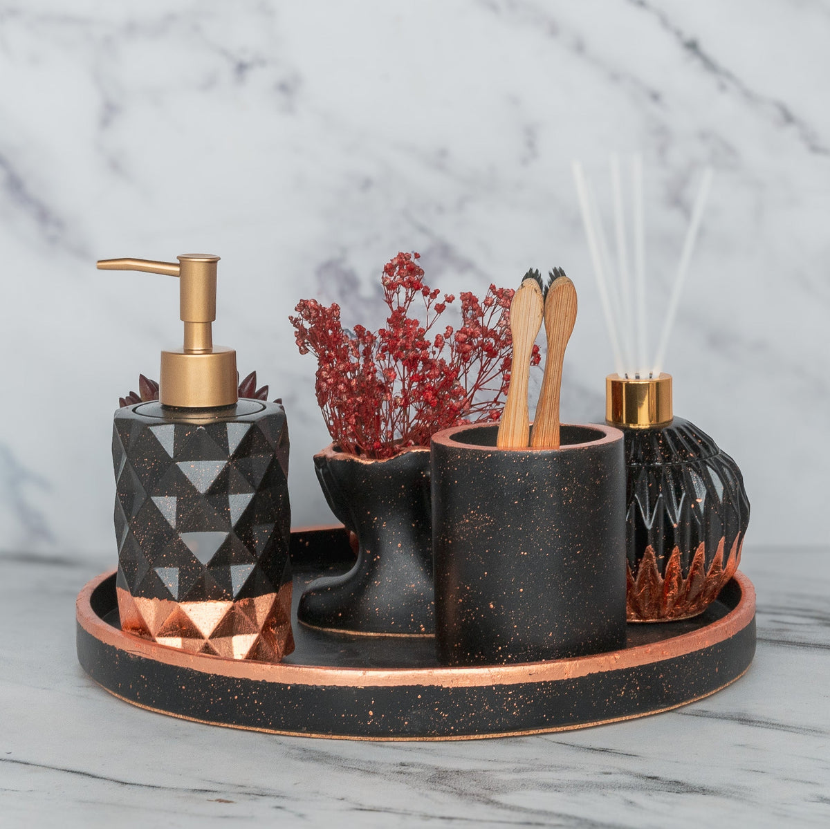 Glorian Bathroom Set in Charcoal Black, handcrafted bathroom accessories set