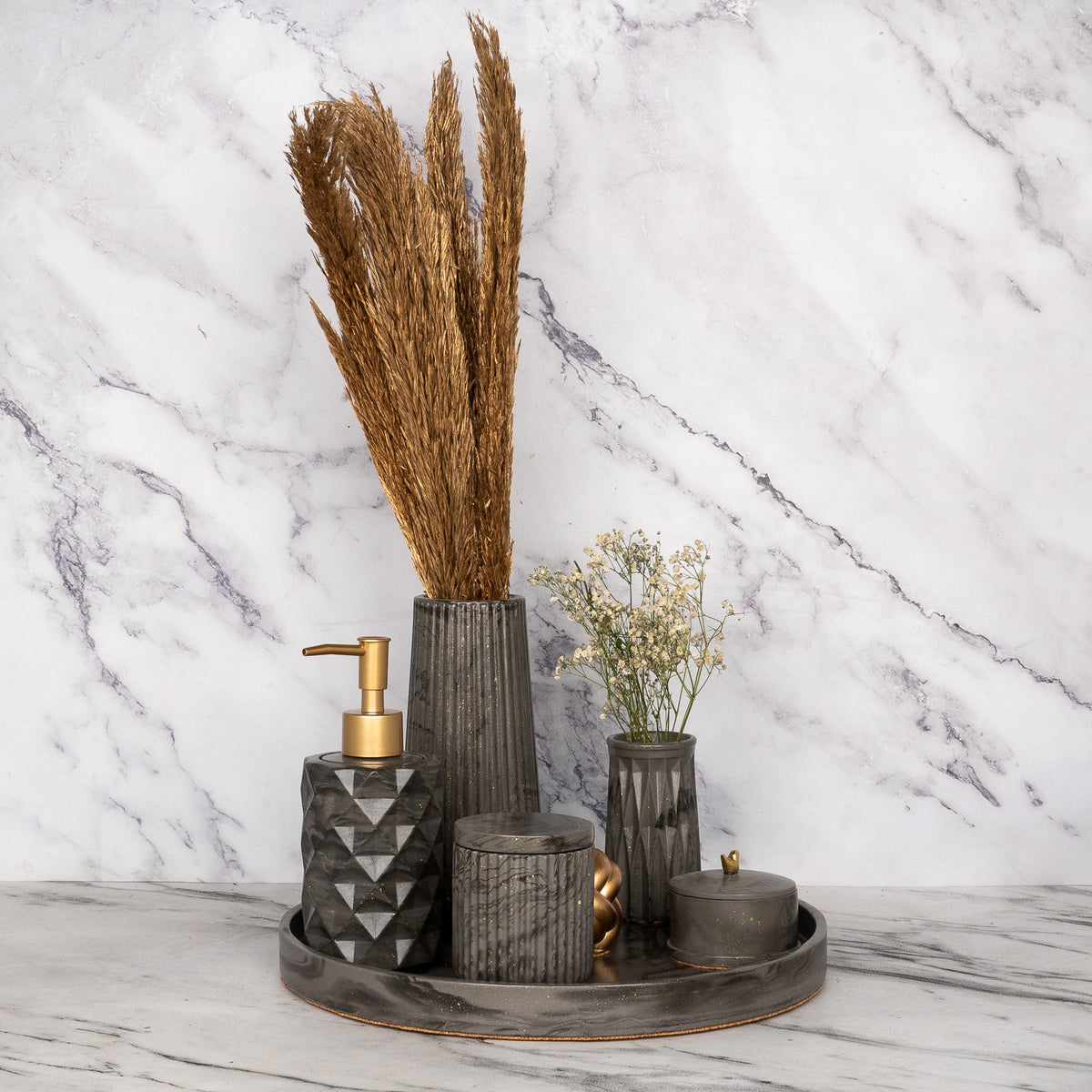 Jubilee Bathroom Set in Burnished Grey, handcrafted bathroom accessories set
