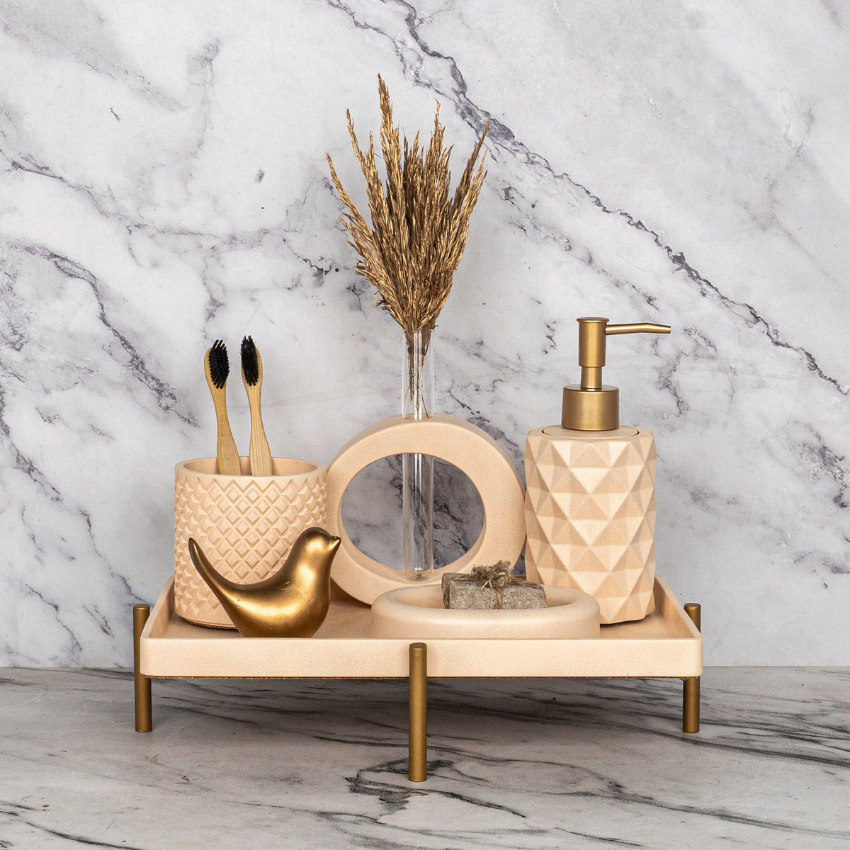 Laura Bathroom Set in Sunset Glow, handcrafted bathroom accessories set