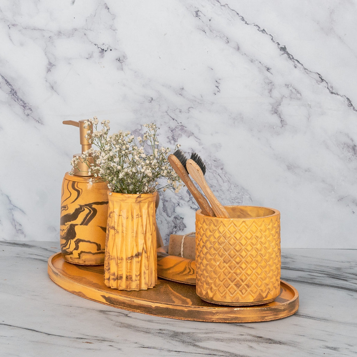 Lava Bathroom Set in Warm Stone, handcrafted bathroom accessories set